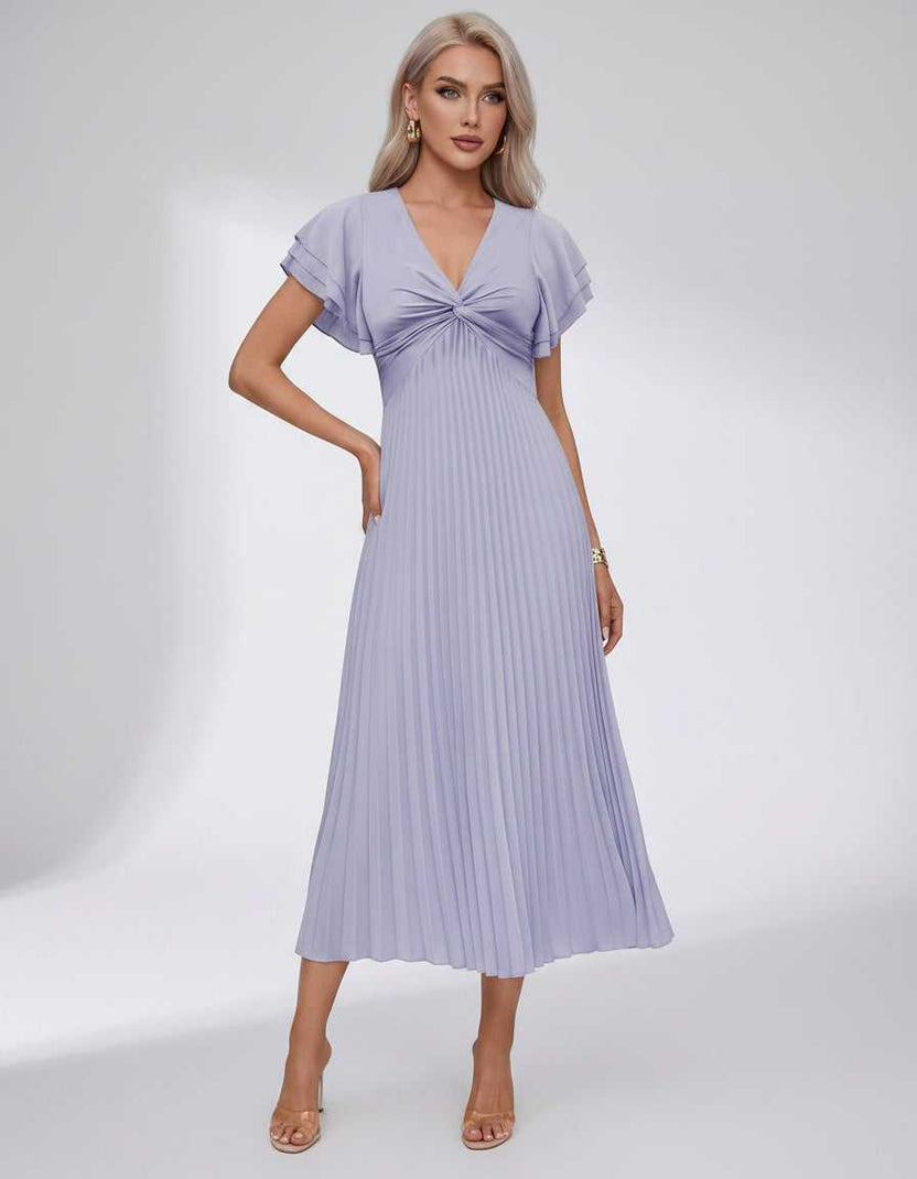 Veloura Midi Dress by Lauven — pleated chiffon flutter sleeve V-neck A-line midi dress
