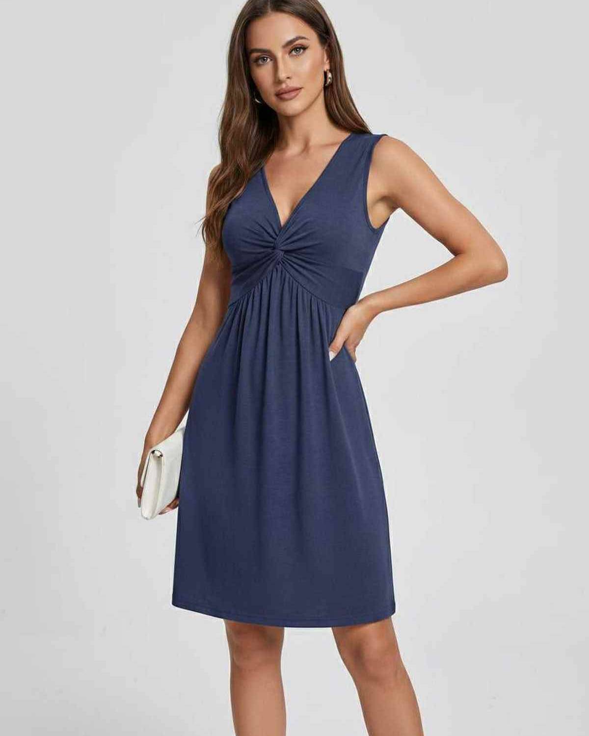 Aster Midi Dress by Lauven — soft knit sleeveless V-neck A-line midi dress