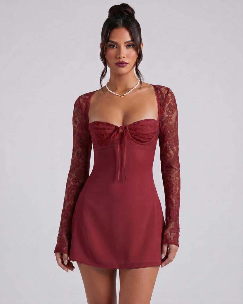 Noiré Mini Dress by Lauven — red stretch long sleeve square neck fitted mini dress with lace sleeves