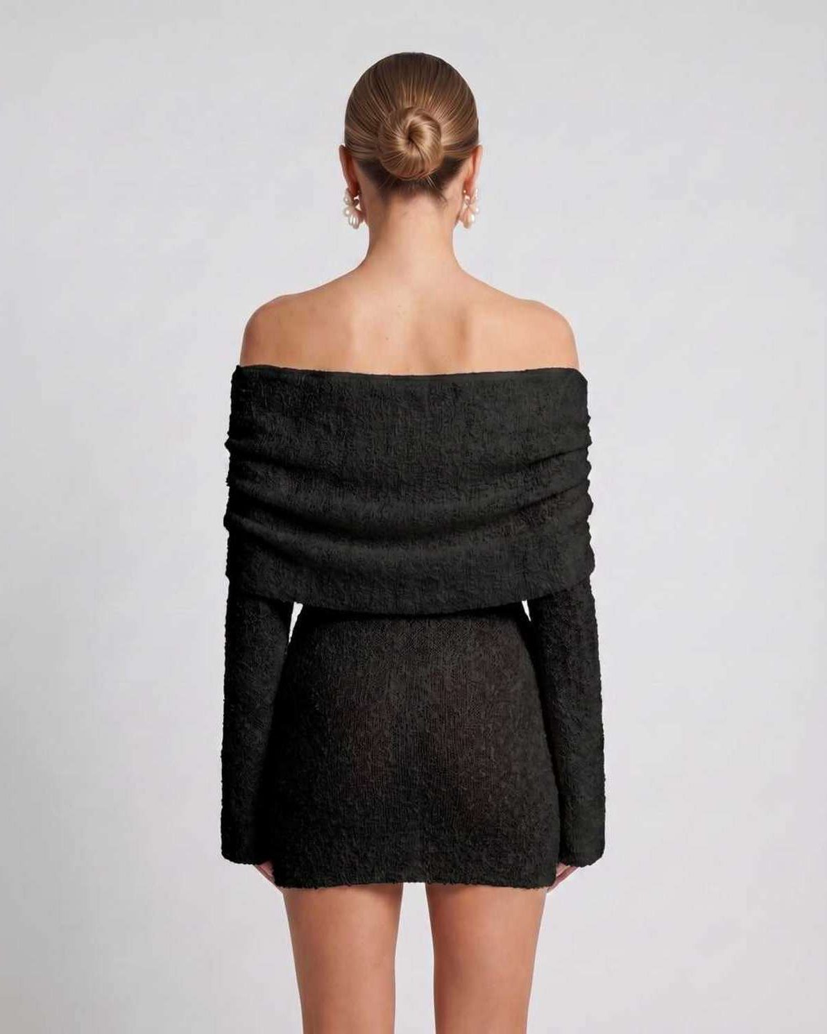 Elara Mini Dress by Lauven — textured knit long bell sleeve off-shoulder fitted mini dress