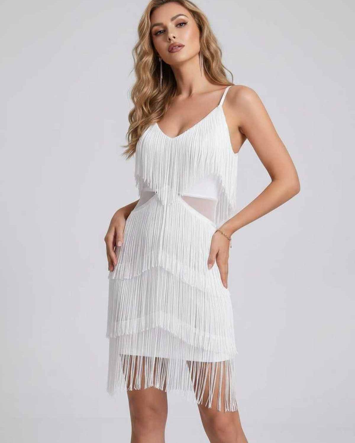 Lunara Mini Dress by Lauven — fringe sleeveless V-neck fitted mini dress with straps