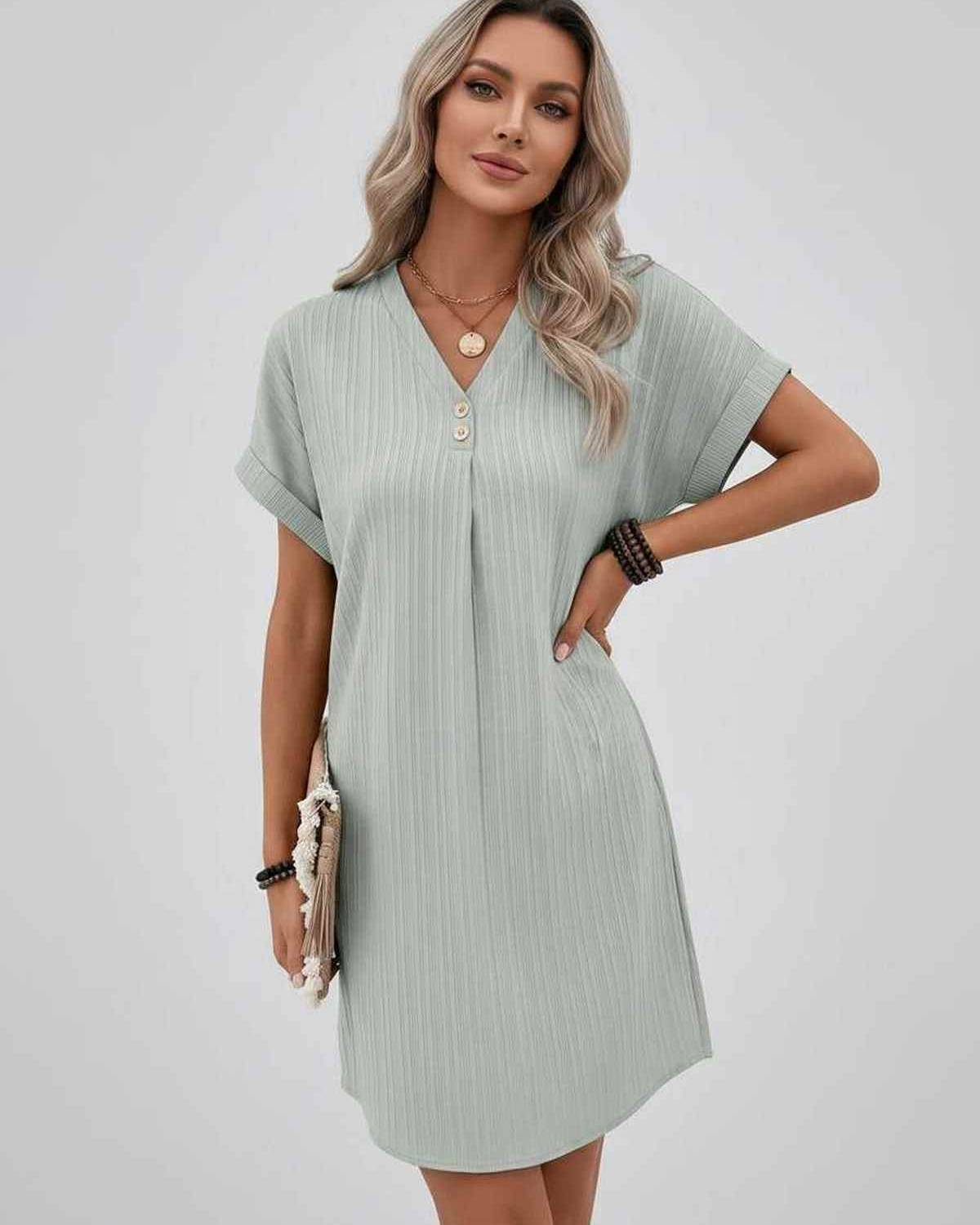 Lunelle Mini Dress by Lauven — textured short sleeve V-neck relaxed mini dress