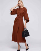 Celest Midi Dress by Lauven — breathable fabric lantern sleeve crew neck belted wrap midi dress