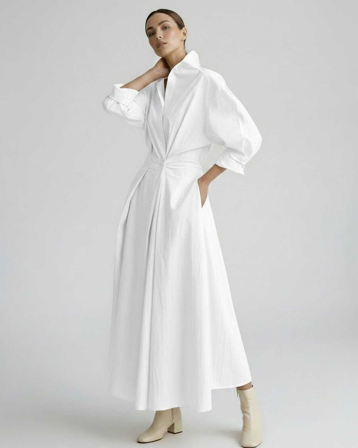 Aurelia Midi Dress by Lauven — breathable fabric long sleeve stand collar belted A-line midi dress