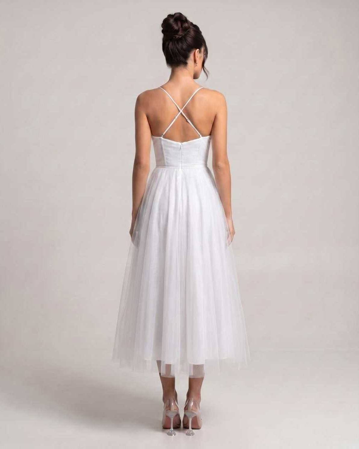 Elara Midi Dress by Lauven — tulle sleeveless sweetheart neck structured bodice midi dress