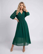 Veloura Midi Dress by Lauven — lightweight chiffon three quarter sleeve v neck A-line midi dress