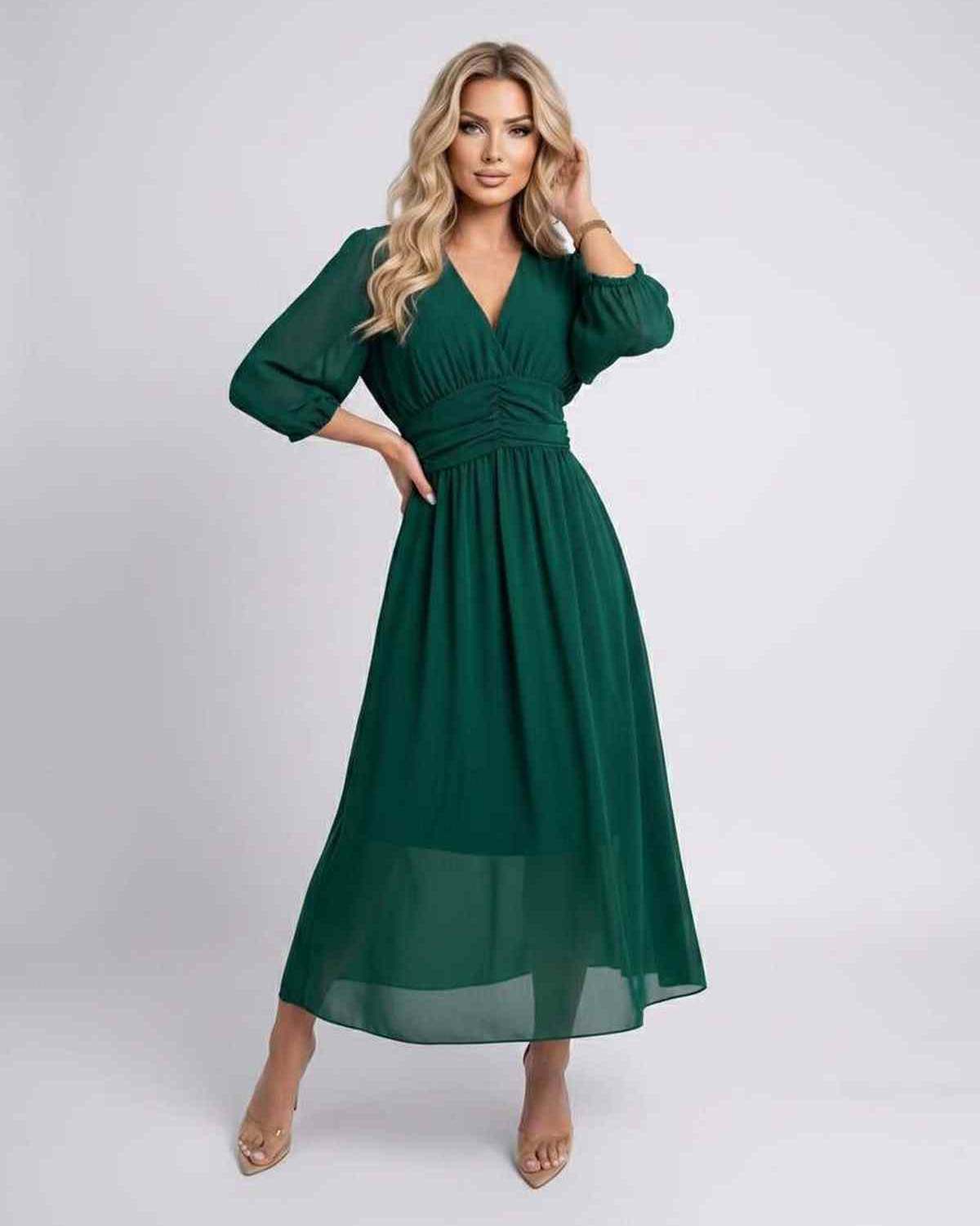 Veloura Midi Dress by Lauven — lightweight chiffon three quarter sleeve v neck A-line midi dress