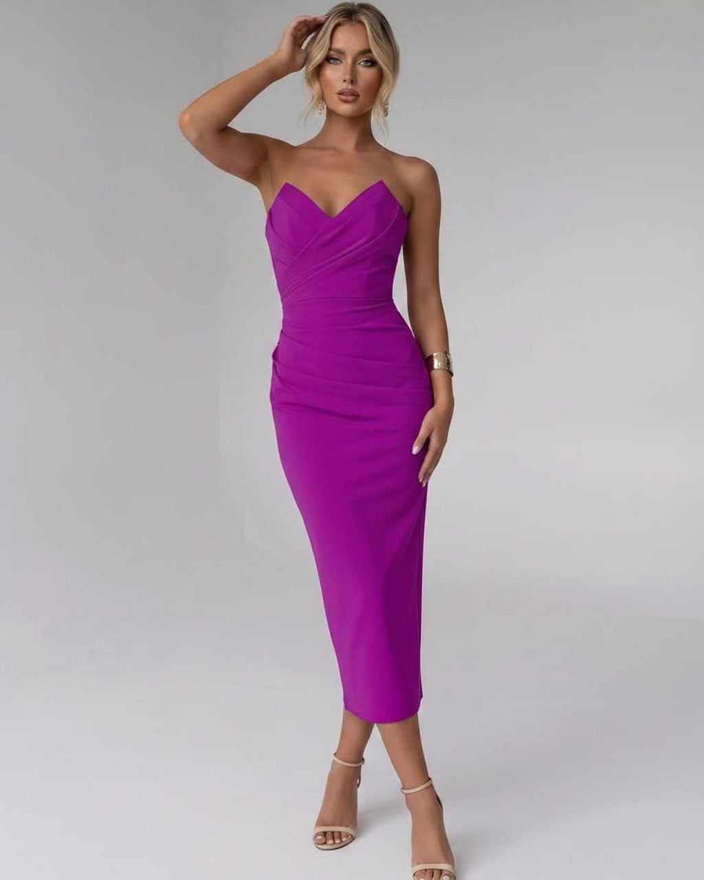 Serelle Midi Dress by Lauven — smooth stretch strapless sweetheart neck fitted midi dress