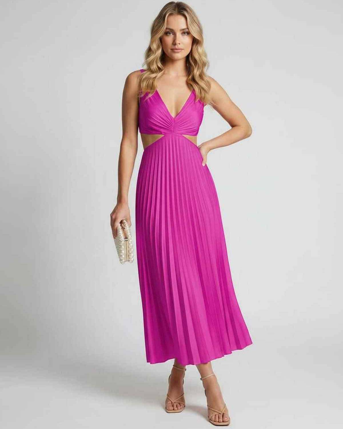 Lunara Midi Dress by Lauven — satin sleeveless V-neck flowing pleated midi dress