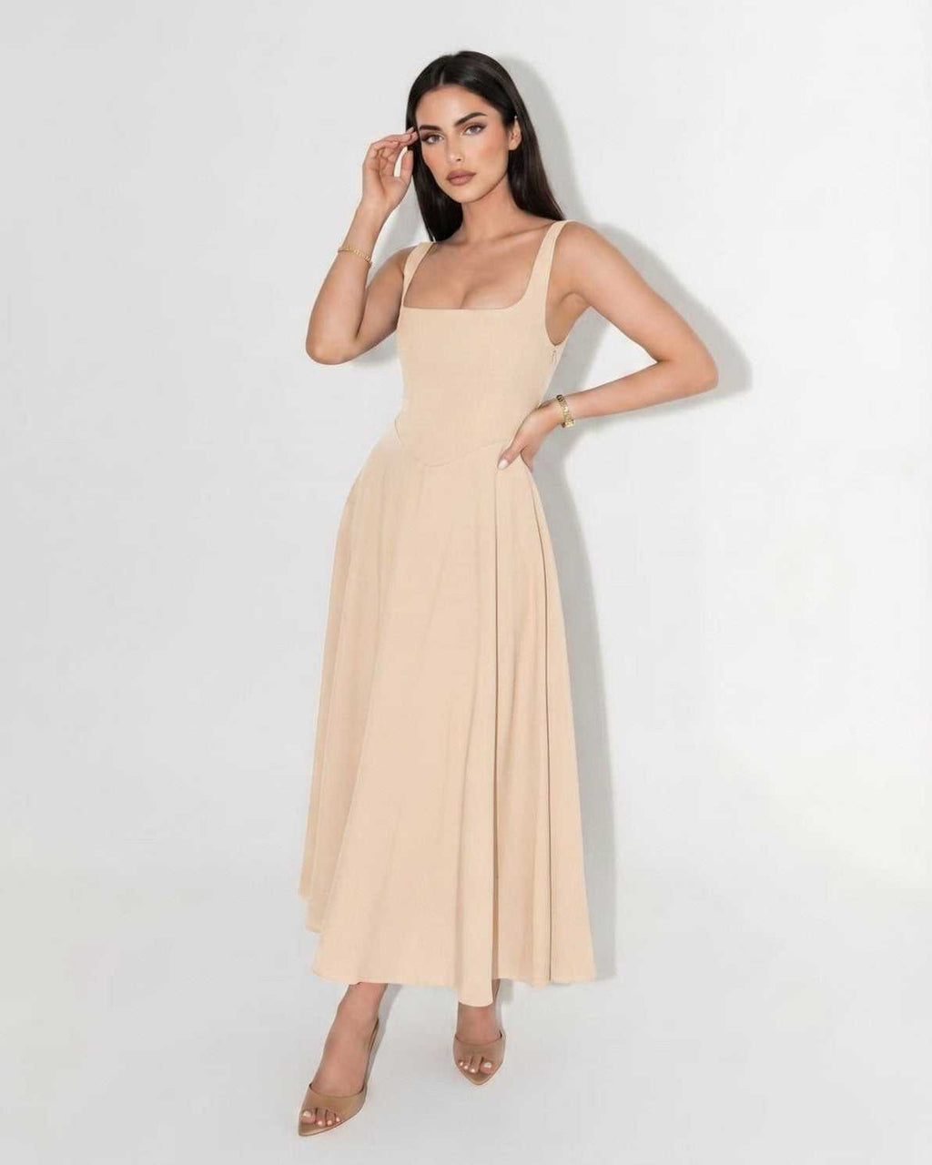 Elara Midi Dress by Lauven — structured sleeveless square neck fit and flare midi dress