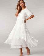 Aurelia Midi Dress by Lauven — lightweight short sleeve round neck layered midi dress