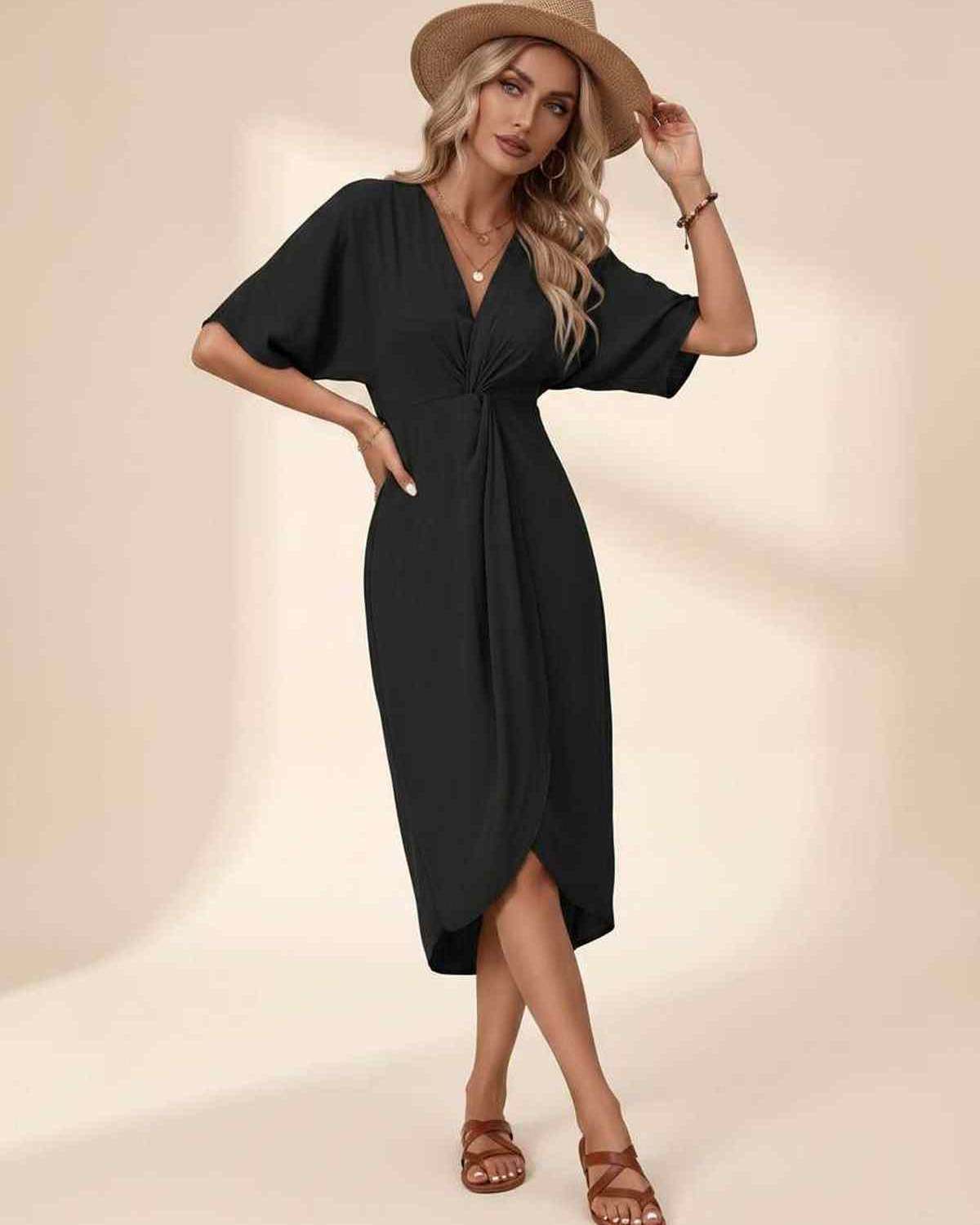 Elara Midi Dress by Lauven — premium short sleeve V-neck wrap style midi dress