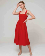 Aveline Midi Dress by Lauven — lightweight sleeveless square neck fit and flare midi dress