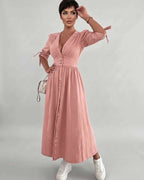 Eloria Midi Dress by Lauven — lightweight mid sleeve V-neck button front fit and flare midi dress