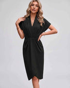 Veloura Midi Dress by Lauven — satin cap sleeve V-neck draped midi dress