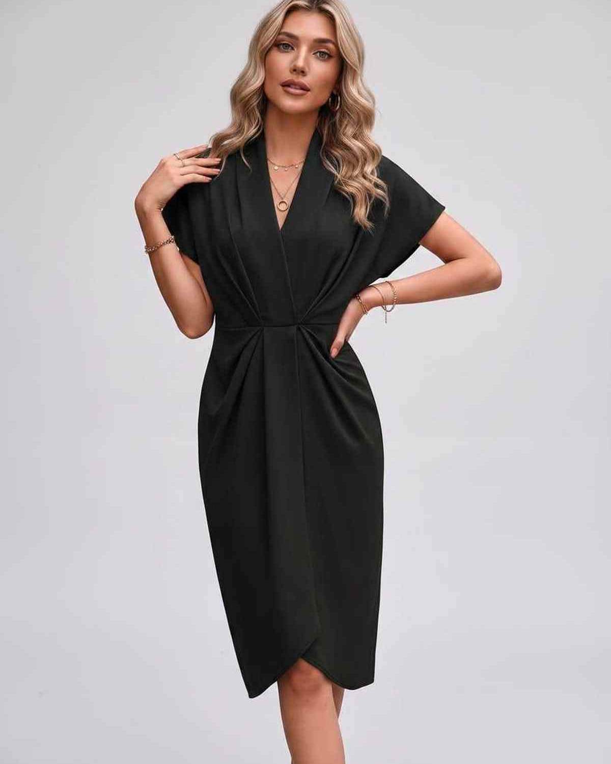 Veloura Midi Dress by Lauven — satin cap sleeve V-neck draped midi dress