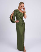 Veloura Maxi Dress by Lauven — satin one-shoulder long sleeve draped maxi dress