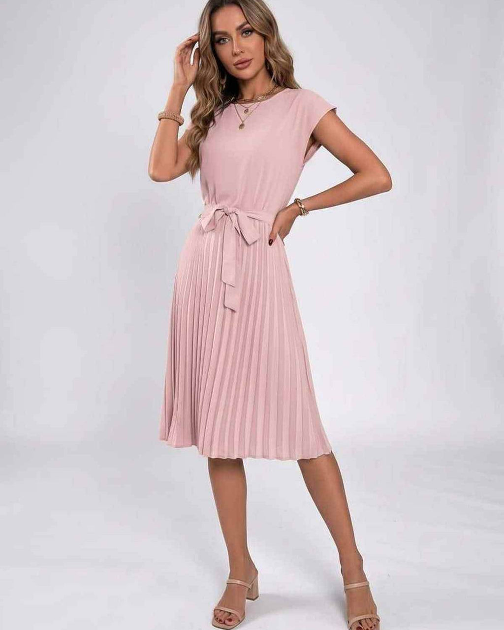 Lunessa Midi Dress by Lauven — pleated chiffon cap sleeve round neck midi dress