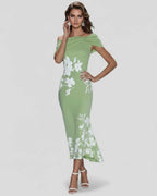 Veloura Midi Dress by Lauven — floral off shoulder satin midi dress with draped sleeves