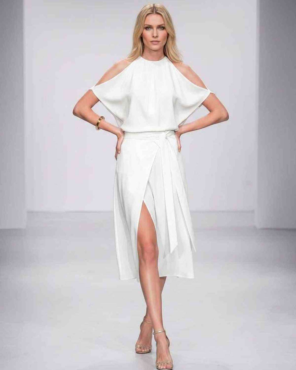 Seralyn Midi Dress by Lauven — halter sleeveless wrap midi dress with tie waist and front slit