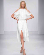 Seralyn Midi Dress by Lauven — halter sleeveless wrap midi dress with tie waist and front slit