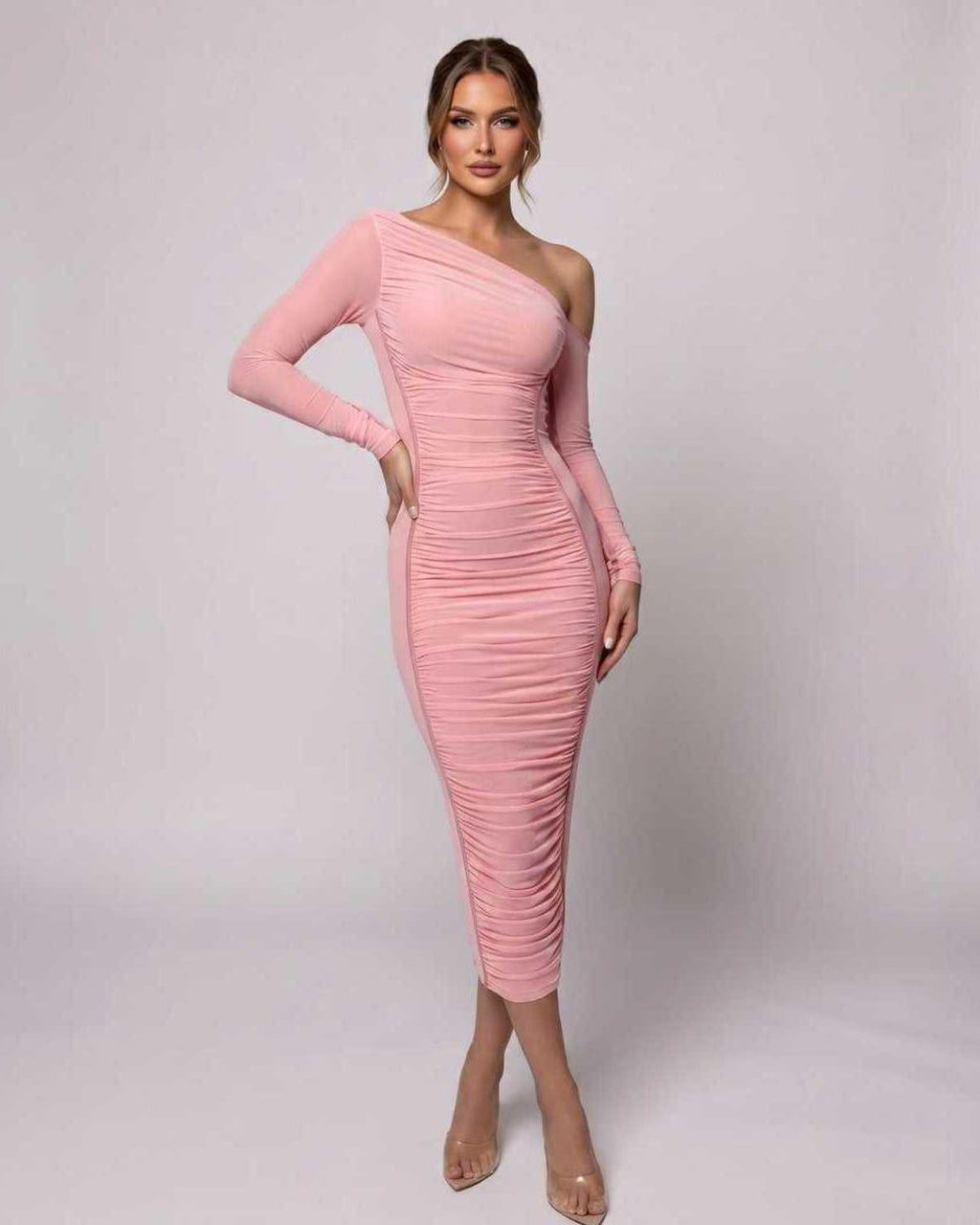 Veloura Midi Dress by Lauven — one shoulder long sleeve ruched bodycon midi dress