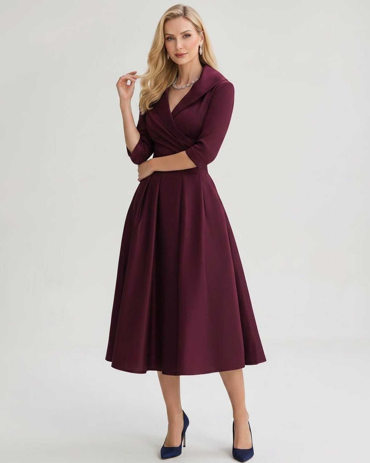 Serelune Midi Dress by Lauven — satin blend 3/4 sleeve V-neck A-line midi dress