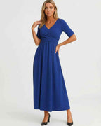 Velmira Midi Dress by Lauven — soft stretch short sleeve V-neck A-line midi dress