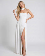 Solenne Maxi Dress by Lauven — stretch knit sleeveless strapless asymmetric maxi dress