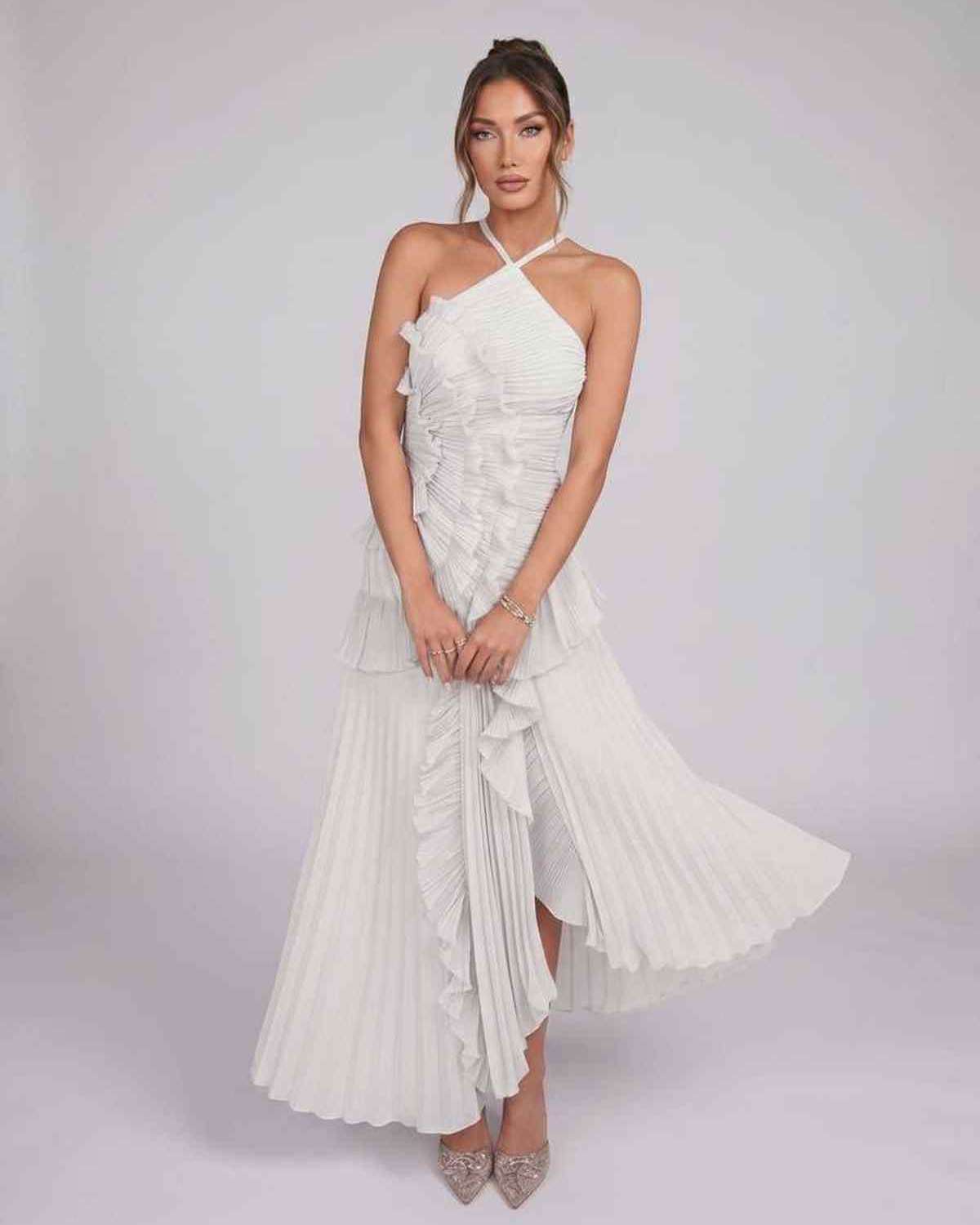 Valerise Maxi Dress by Lauven — chiffon sleeveless halter asymmetrical maxi dress