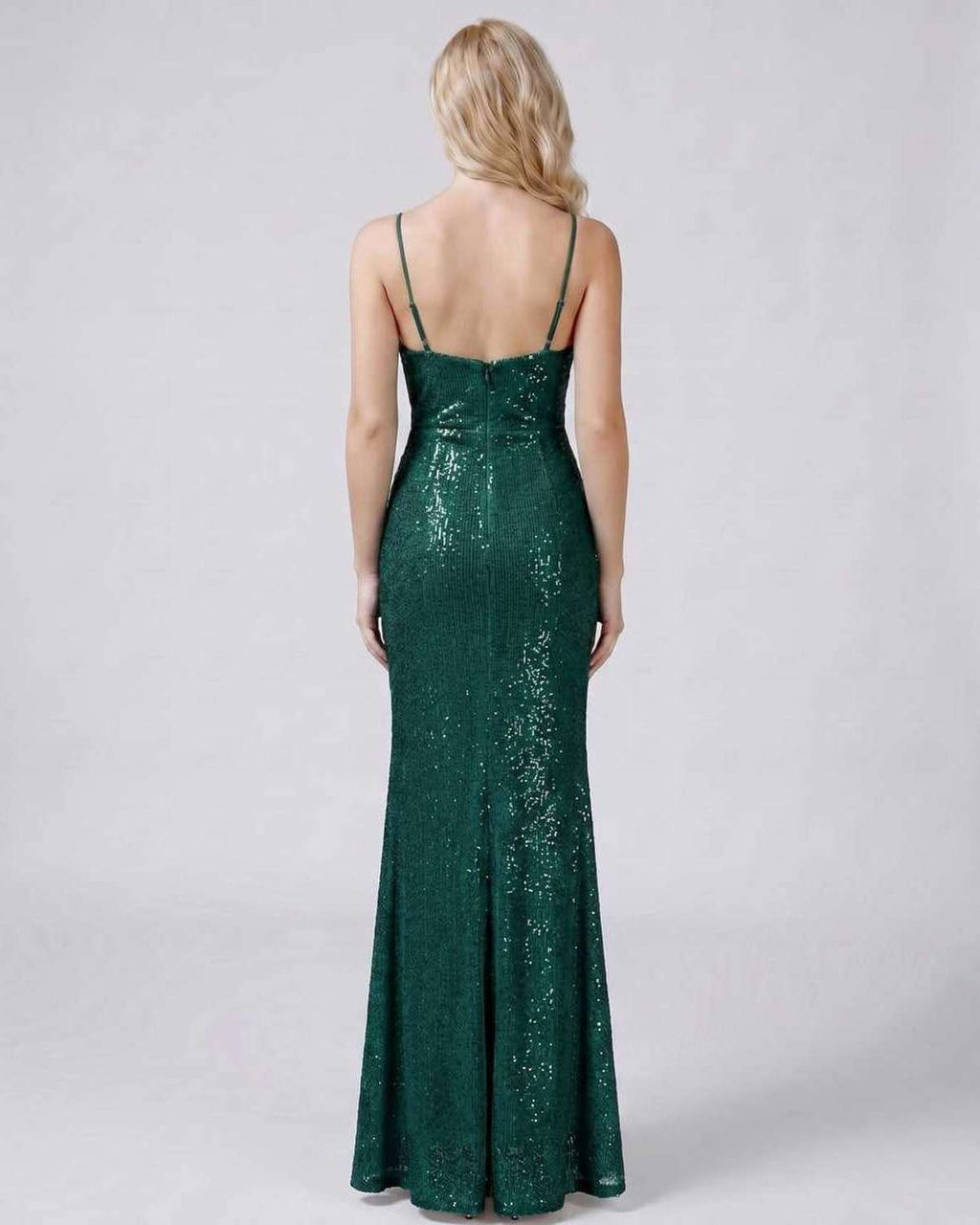 Celeste Maxi Dress by Lauven — sequin sleeveless V-neck mermaid maxi dress with spaghetti straps and front slit