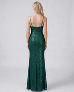 Celeste Maxi Dress by Lauven — sequin sleeveless V-neck mermaid maxi dress with spaghetti straps and front slit