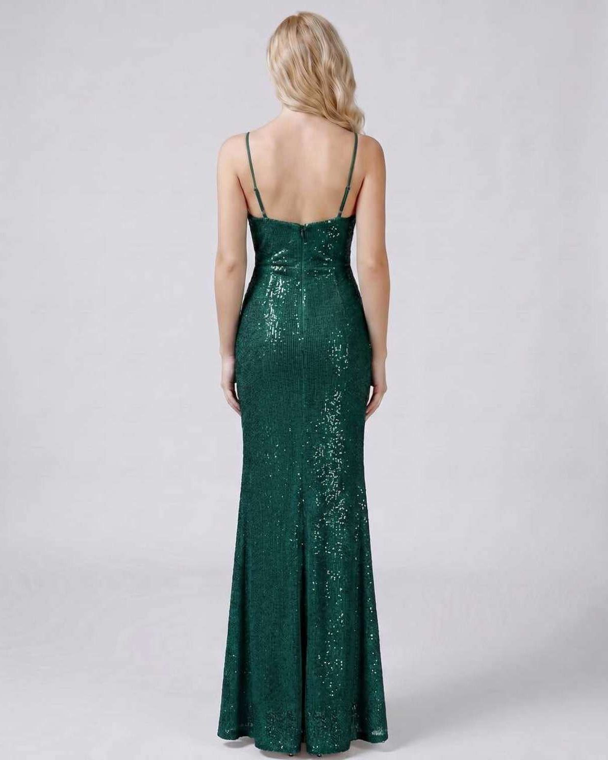 Celeste Maxi Dress by Lauven — sequin sleeveless V-neck mermaid maxi dress with spaghetti straps and front slit