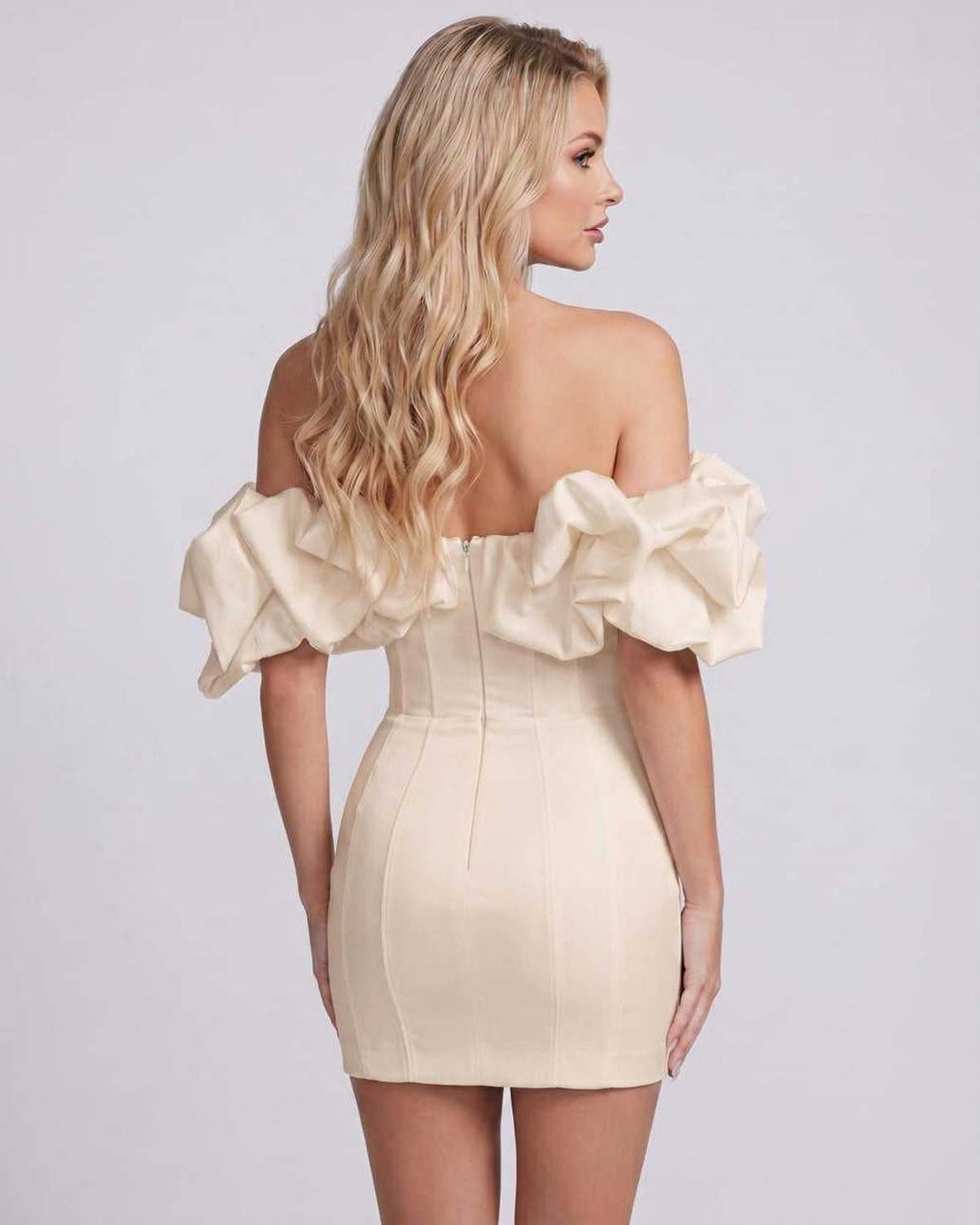 Aurelle Mini Dress by Lauven — polyester spandex flounce sleeve off-the-shoulder bodycon mini dress
