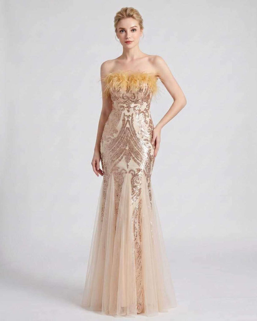 Celestia Maxi Dress by Lauven — gold polyester-spandex sleeveless off-the-shoulder mermaid maxi dress