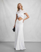 Veloura Maxi Dress by Lauven — polyester short sleeve stand collar flared hem maxi dress
