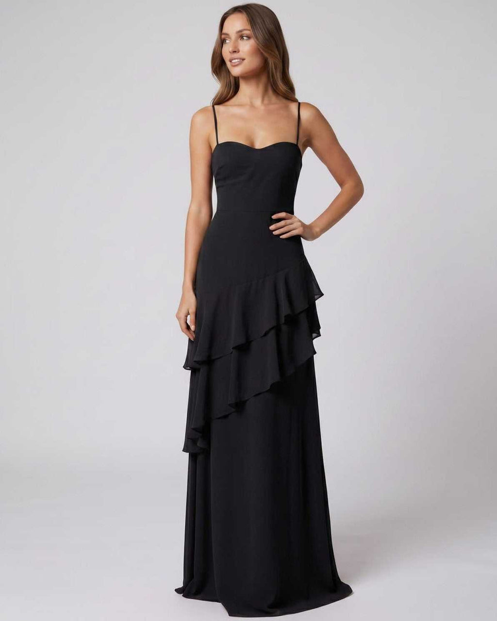 Rosette Maxi Dress by Lauven — polyester V-neck sleeveless bodycon maxi dress with layered ruffles