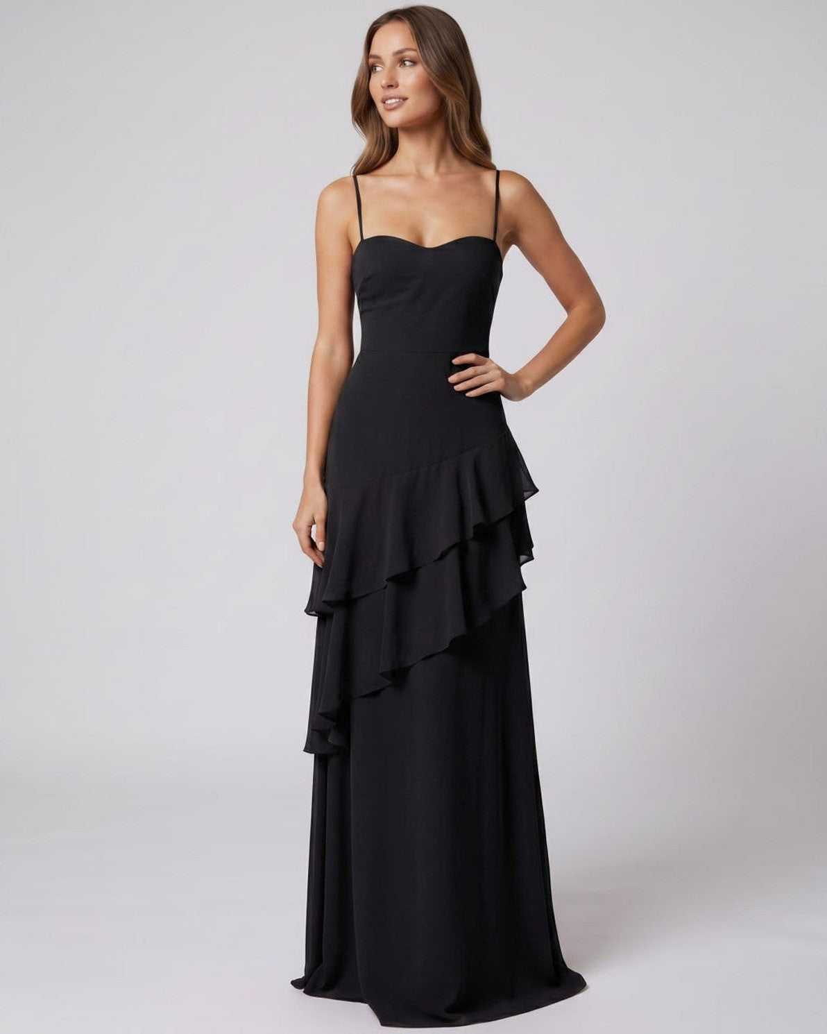 Rosette Maxi Dress by Lauven — polyester V-neck sleeveless bodycon maxi dress with layered ruffles