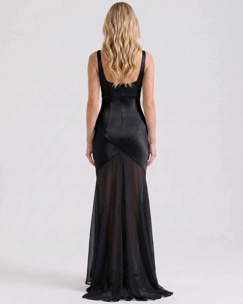Lunelle Maxi Dress by Lauven — polyester square neck sleeveless slip maxi dress with satin chiffon detail