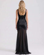 Lunelle Maxi Dress by Lauven — polyester square neck sleeveless slip maxi dress with satin chiffon detail