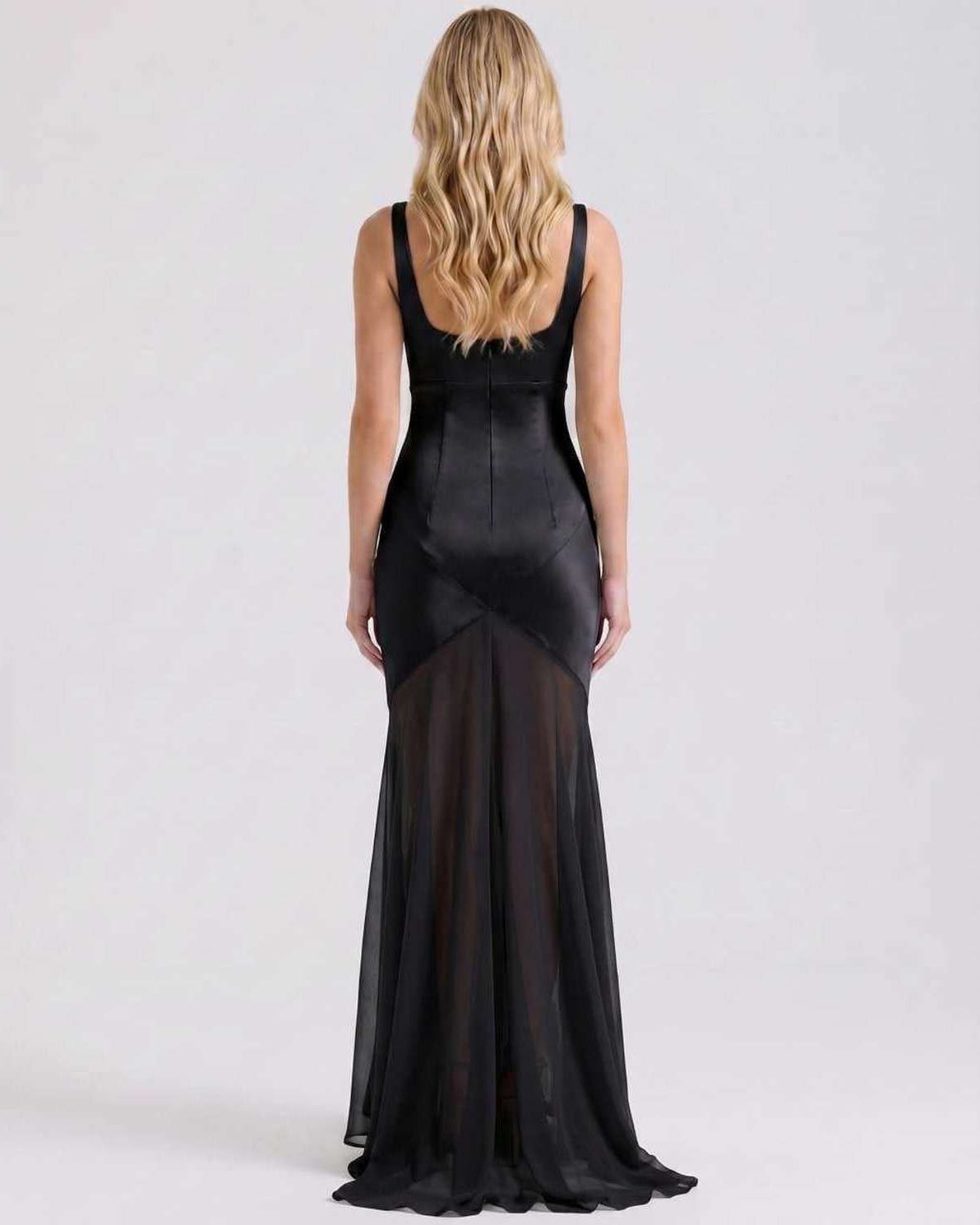 Lunelle Maxi Dress by Lauven — polyester square neck sleeveless slip maxi dress with satin chiffon detail