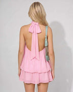Lunelle Mini Dress by Lauven — polyester sleeveless tie neck loose fit mini dress