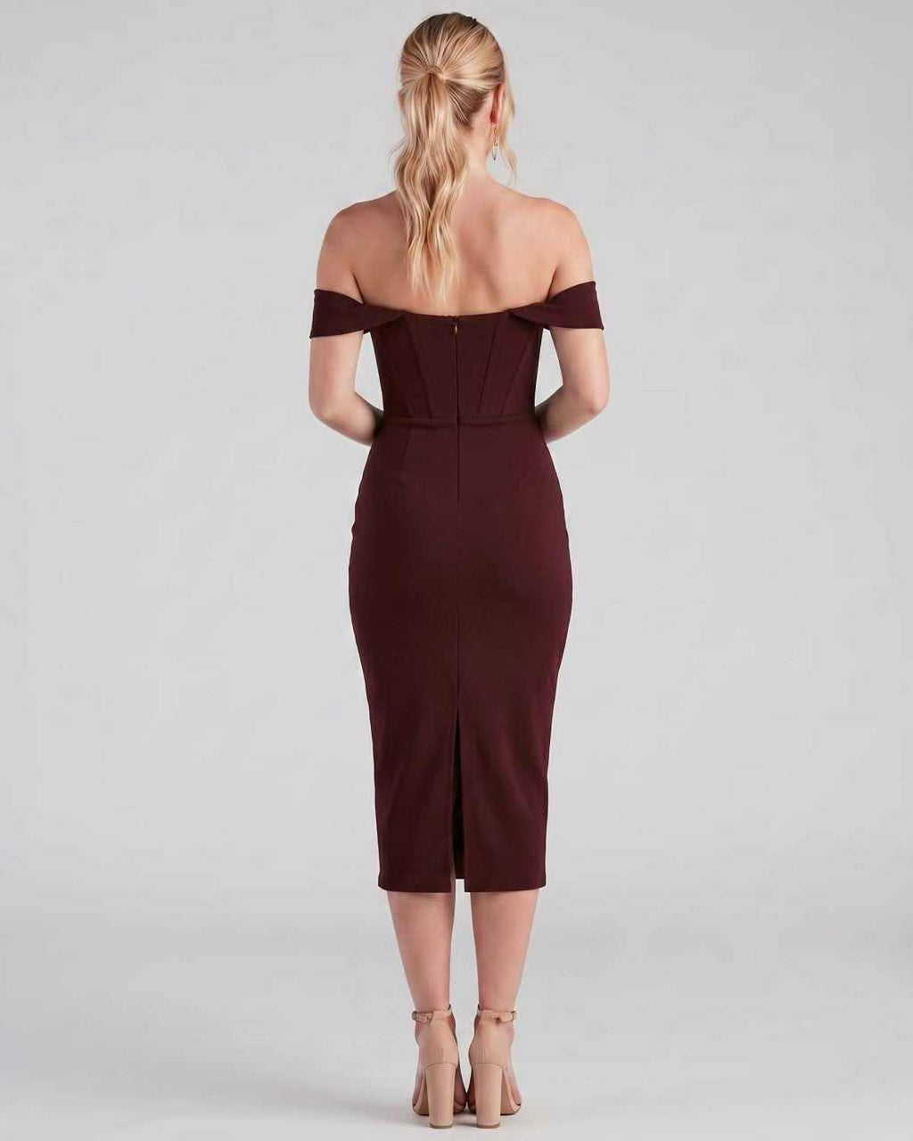 Celeste Midi Dress by Lauven — crepe-lined off-shoulder corset fitted midi dress