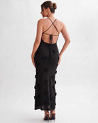 Rosette Maxi Dress by Lauven — textured polyester knit sleeveless V-neck floral maxi dress