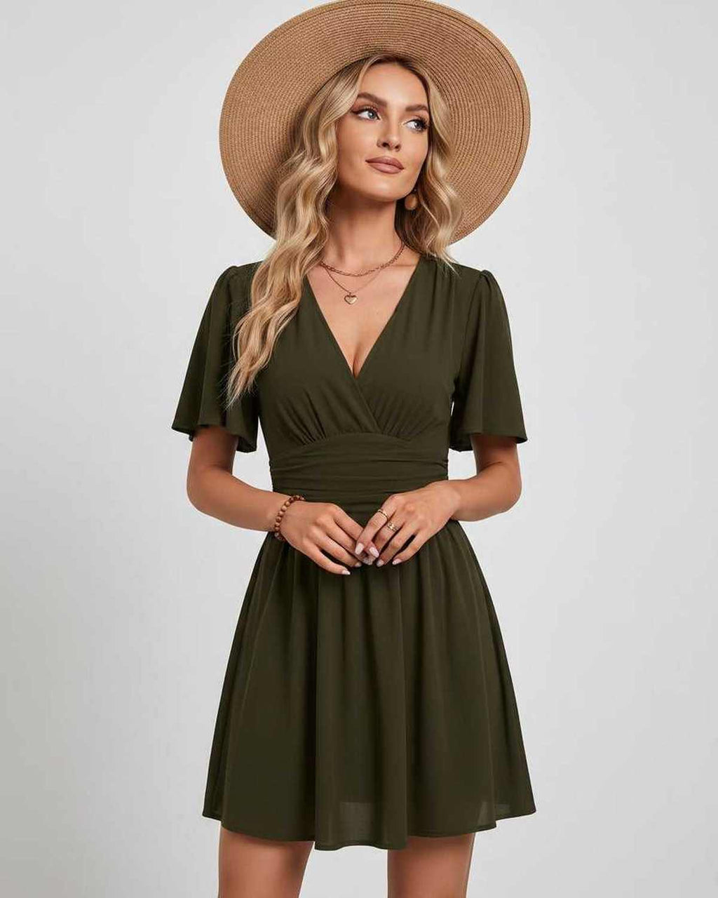 Calista Mini Dress by Lauven — chiffon ruffled short sleeve V-neck A-line mini dress