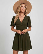 Calista Mini Dress by Lauven — chiffon ruffled short sleeve V-neck A-line mini dress