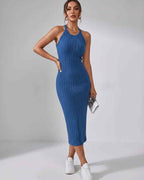 Lunara Midi Dress by Lauven — ribbed knit sleeveless crew neck slim-fit midi dress