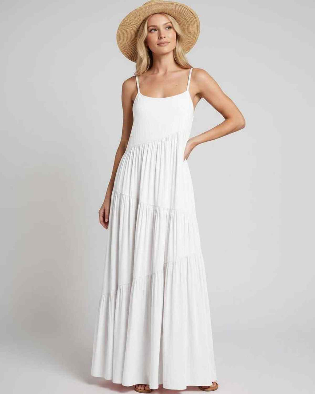 Solenne Maxi Dress by Lauven — rayon blend sleeveless scoop neck tiered A-line maxi dress