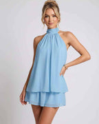 Celestia Mini Dress by Lauven — chiffon sleeveless halter neck mini dress
