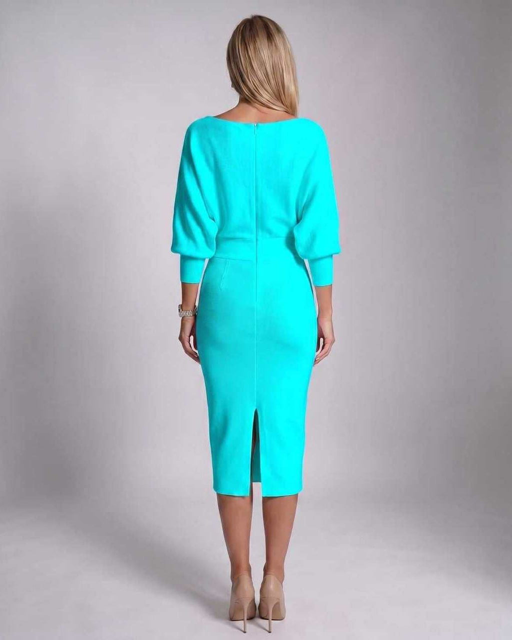 Serene Midi Dress by Lauven — knit batwing sleeve cowl neck fitted midi dress